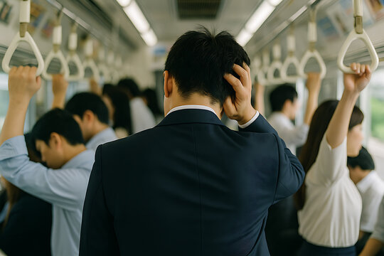 満員電車で疲れた日本人ビジネスマンの後ろ姿