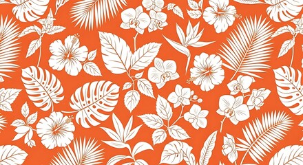 Seamless pattern of white tropical flowers and leaves on an orange background