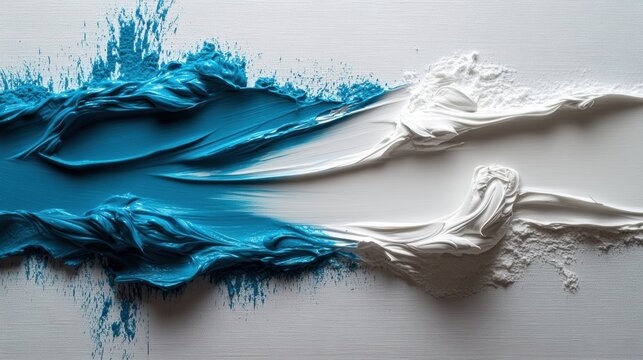 Bright blue and white paint background. texture of paint and paper mixed