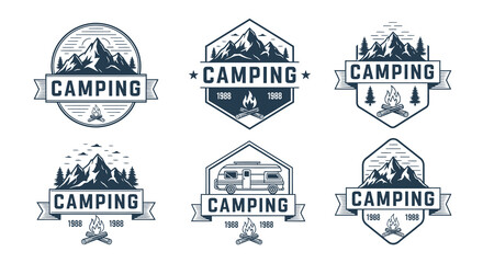 Set of Camping Logos with Mountains, Campfires, and Ribbons