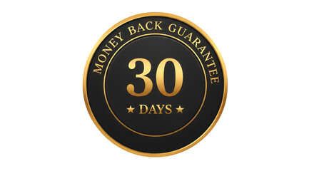 30Day Money Back Guarantee Seal Gold Lettering on Black Circular Badge.