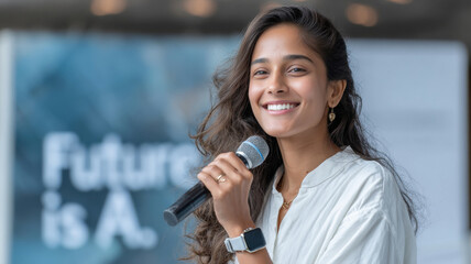 young indian woman speaking in mic in the conference
