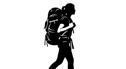 Black Silhouette of a Woman Hiker with Large Backpack, Side View