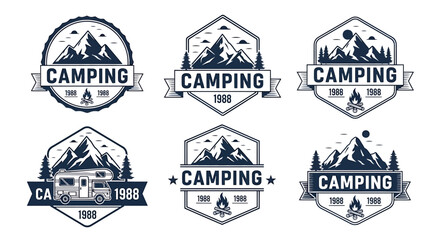 Camping Adventure Logos Collection with Mountains, Campfire, and RV Illustration