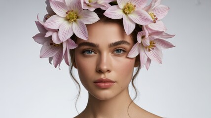 Young caucasian female with floral headpiece, natural beauty
