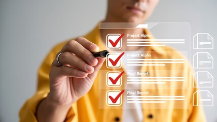 Person checking off tasks on a digital list hand