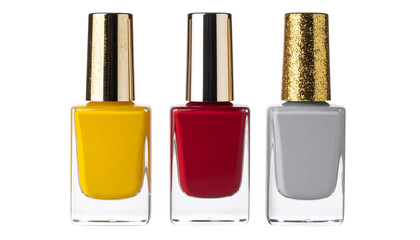 Obraz premium Three Bottles Of Nail Polish Yellow, Red, And Dark Gray With Gold Glitter Caps isolated on transparent background