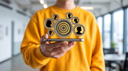 Person holding smartphone displaying target audience gears image