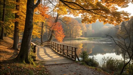 Autumn Bridge Over Serene Lake Amid Vibrant Fall Forest Colors