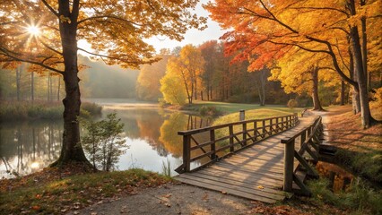 Autumn Bridge Over Serene Lake Amid Vibrant Fall Forest Colors