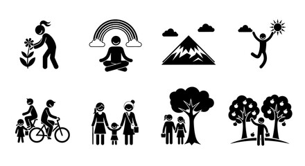 Collection of Diverse Pictograms Depicting Joyful Life Moments: Gardening, Meditation, Mountain Scenery, Family Activities, and Apple Picking
