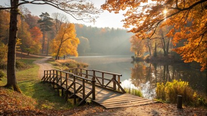 Autumn Bridge Over Serene Lake Amid Vibrant Fall Forest Colors