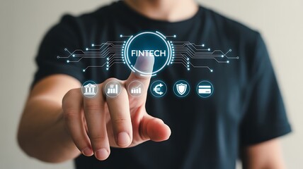 Person touching fintech digital interface with financial icons technology finance