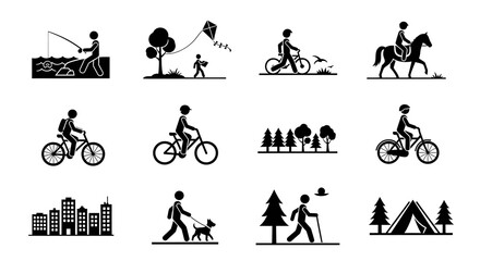 Collection of Black Pictograms Depicting Various Leisure Activities: Cycling, Hiking, Fishing, Horseback Riding, and Camping