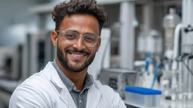 young indian male scientist standing in lab