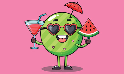 A cheerful cartoon watermelon character wearing heart shaped sunglasses holding a refreshing drink and a slice of watermelon with a small umbrella overhead against a vibrant pink background