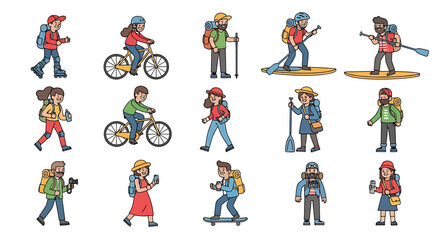 Diverse Cartoon People Enjoying Outdoor Activities with Backpacks and Equipment