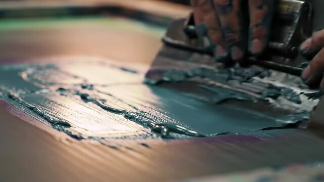 Screen printing process closeup colorful ink application on frame