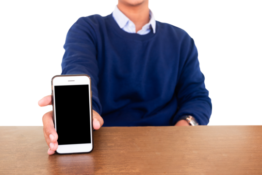 man showing a phone with a blank screen isolated on a white background