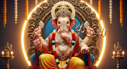 Majestic Lord Ganesha Idol for Ganesh Chaturthi Celebration with Divine Aura, Vinayaka Trishul, Garland, and Traditional Backdrop, Ganapati Bappa Morya