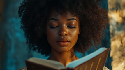 Portrait of an African American woman with curly hair, reading a book