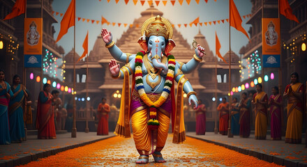 Lord Ganesha in Grand Temple Procession During Ganesh Chaturthi, Adorned with Garland and Surrounded by Devotees, Spiritual Bappa Morya Festival Celebration