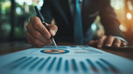 Close-up of a businessman's hand with a pen, analyzing financial charts on paper.