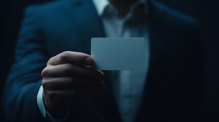 A man in a suit extends a blank metal card, offering opportunities.