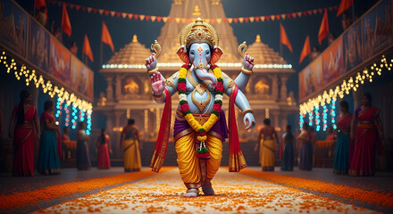Lord Ganesha in Grand Temple Procession During Ganesh Chaturthi, Adorned with Garland and Surrounded by Devotees, Spiritual Bappa Morya Festival Celebration