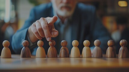 A man's hands in a suit select a wooden figurine among a row on a table, symbolizing leadership and choice in business, with a blurred background.