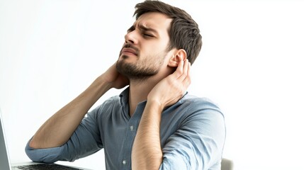 A man experiencing severe neck and head pain, massaging his muscles. Image on a white background.