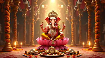 Ganesh Chaturthi Ganesha Idol on Lotus with Modak Offering, Temple Decor with Diyas, Floral Garlands, Ganapati Bappa Morya Vinayak Vinayaka Chaturthi