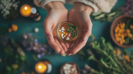 Hands holding a bowl of homeopathic pellets and herbs, symbolizing natural medicine.