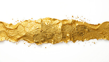 A horizontal stripe of crumpled gold foil with small gold specks on a white background texture