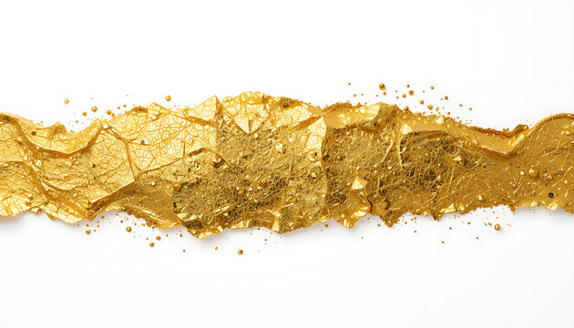 A horizontal stripe of crumpled gold foil with small gold specks on a white background texture