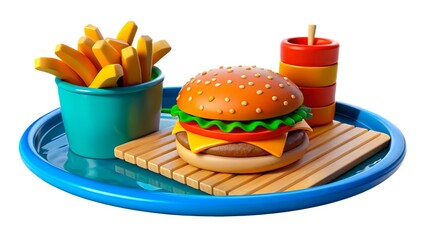 Brightly colored play food set featuring a hamburger and french fries on a tray used for imaginative kitchen play