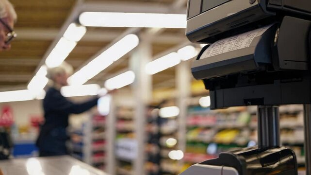 Modern cash register printing a long receipt at a supermarket checkout, with a cashier operating the machine and customers waiting in the background