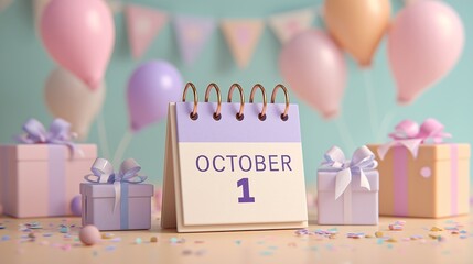 A pastel themed october first celebration with gifts balloons and a calendar on a light blue background