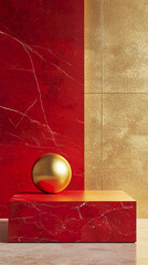 Abstract 3D scene with red and gold podium display with a golden sphere. Minimalist luxury textures including smooth stone and shimmering metallic surfaces. Mock up for product presentation.