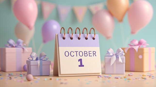 A pastel themed october first celebration with gifts balloons and a calendar on a light blue background