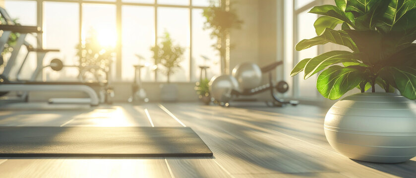 Wide angle view of empty modern fitness center with workout machines and bright daylight. Clean professional atmosphere ideal for sports advertising and presentations.