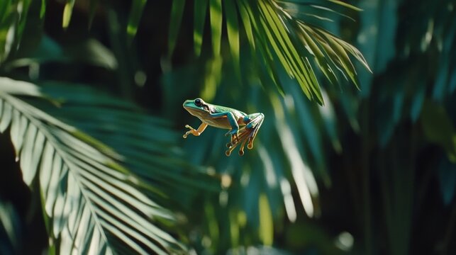 Emerald Tree Frog Leaping Through Lush Tropical Foliage