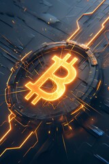 neon bitcoin symbol on a futuristic background.