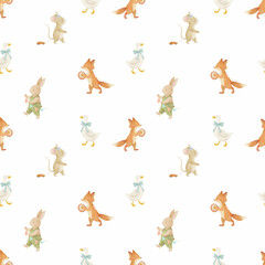 Seamless watercolor pattern with cute bunny, duck, mouse, and fox in pastel tones. Perfect for baby textiles, nursery decor, wrapping paper, and children's illustrations.