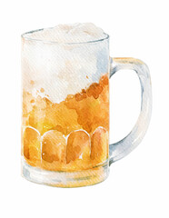 Watercolor pint of beer illustration with frothy foam in a classic glass. Ideal for pub menus, Oktoberfest designs, brewery branding, or craft beer lover prints