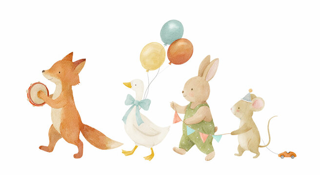 Watercolor parade of cute forest animals with balloons and instruments, perfect for nursery art, baby shower invitations, and kids' party decor. Adorable illustration