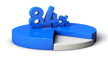 84% blue and white pie chart isolated on transparent background. 3d illustration.	