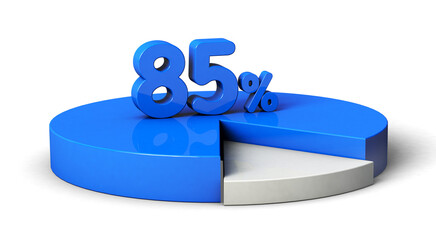 85% blue and white pie chart isolated on transparent background. 3d illustration.	