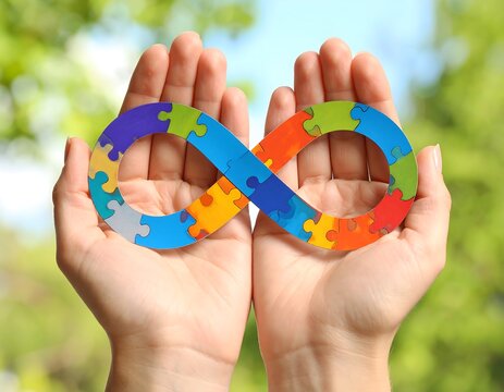 Infinity symbol made of puzzle pieces held in hands