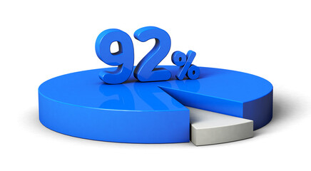 92% blue and white pie chart isolated on transparent background. 3d illustration.	